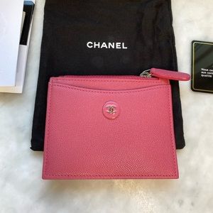 CHANEL Caviar Quilted CC Zip Card Holder Pink